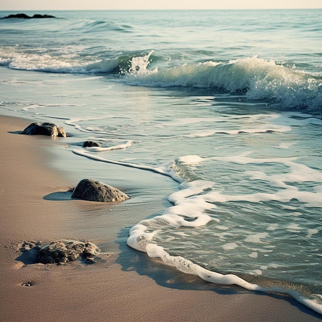 Plaża z rozbijającą się na niej falą i oceanem w tle.