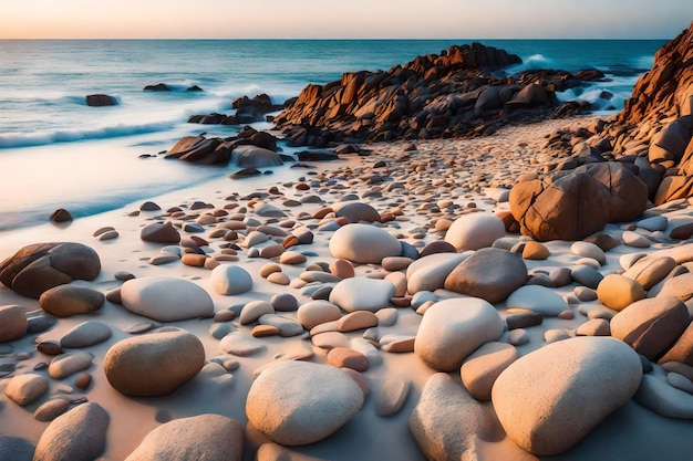 Zdjęcie plaża z skałami i zachodem słońca na tle