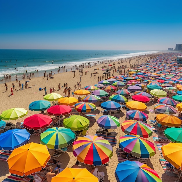 Plaża z wieloma parasolami i ludźmi na niej, a jeden z nich ma błękitne niebo w tle.