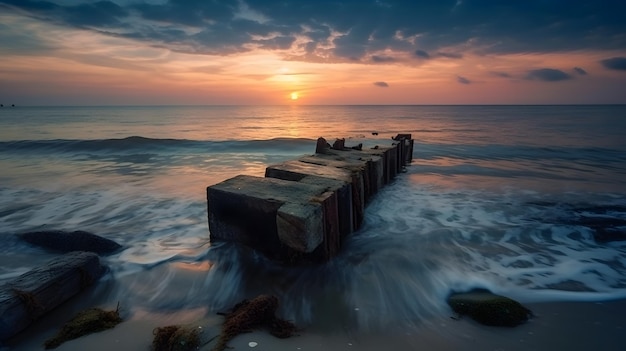 Plaża z zachodem słońca i drewnianym molo