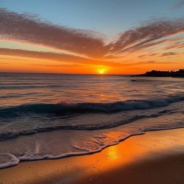 Zdjęcie plaża z zachodem słońca i oceanem w tle