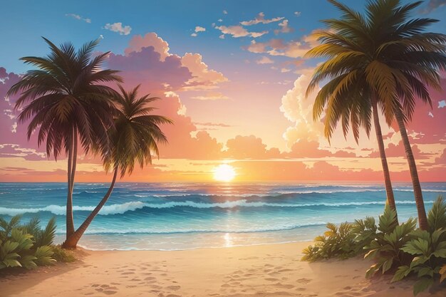 Plaża z zachodem słońca i palmami