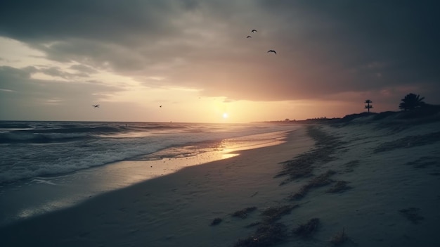 Plaża z zachodem słońca i ptakami latającymi na niebie