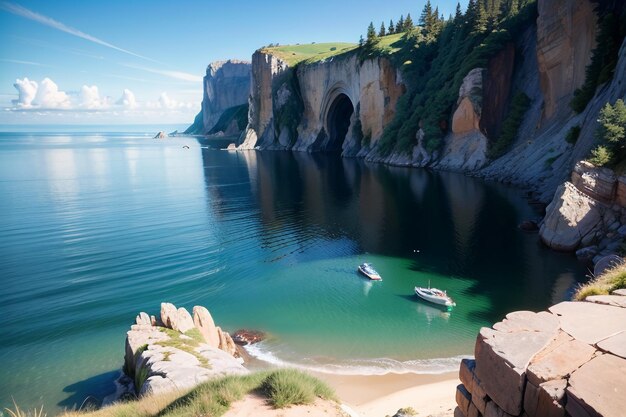 Plaża z zatoką i łodzią w wodzie