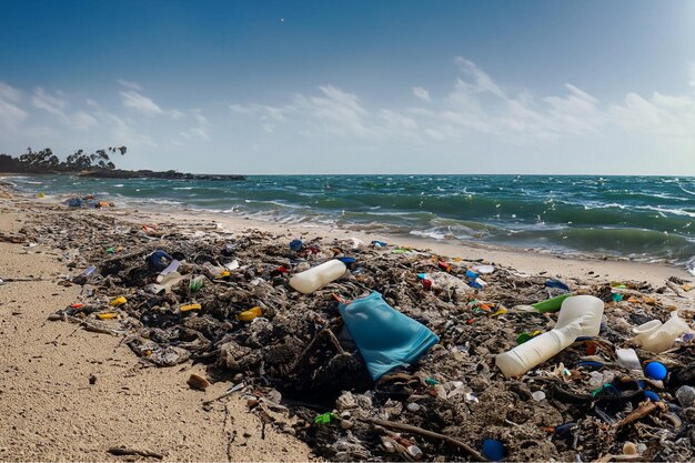 Plaża zanieczyszczona odpadami plastikowymi i śmieciami w wyniku zanieczyszczenia środowiska