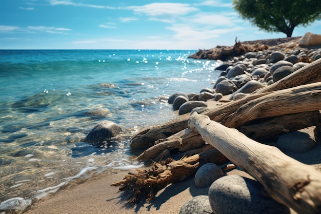 Plaża ze skałami i Driftwood w morzu