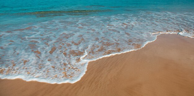 Plaża ze złotym piaskiem turkusowa woda oceaniczna panoramiczny widok na morze naturalne tło na letnie vacati