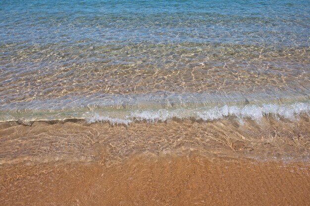 Plaża ze złotym piaskiem turkusowa woda oceaniczna panoramiczny widok na morze naturalne tło na letnie wakacje