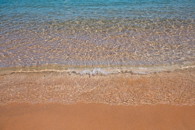 Plaża ze złotym piaskiem turkusowa woda oceaniczna panoramiczny widok na morze naturalne tło na letnie wakacje