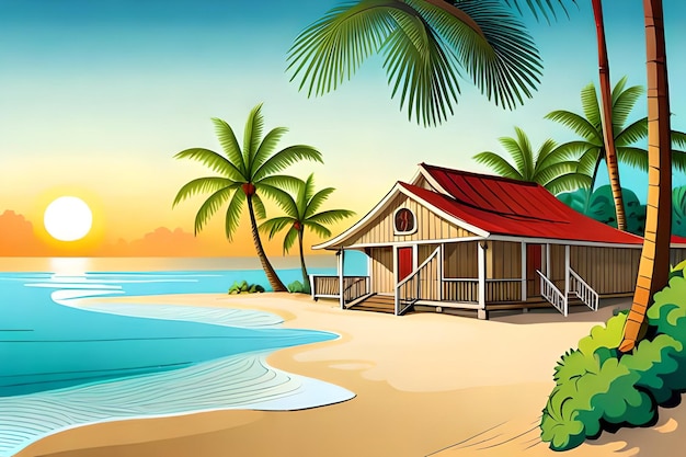Plażowa scena z domem na plaży i palmami.