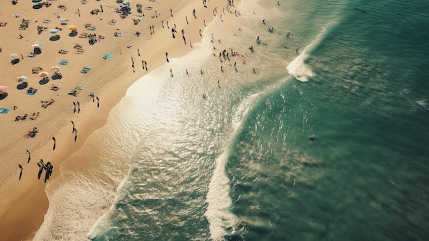 Plażowa scena z ludźmi na piasku i oceanem w tle.