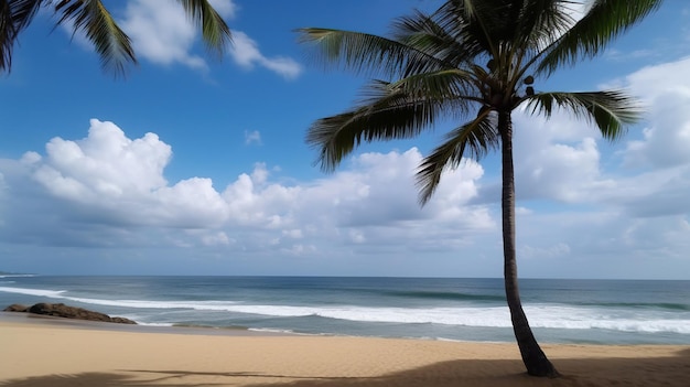 Plażowa scena z palmą i oceanem w tle