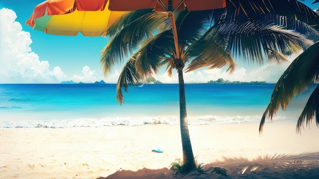 Plażowa scena z palmą i plażowym parasolem.