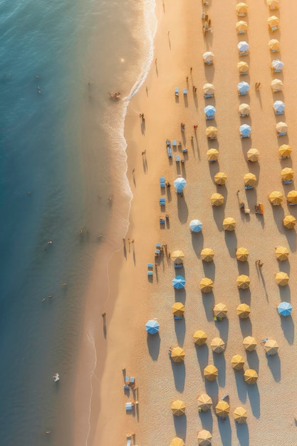 Plażowa scena z parasolami i ludźmi na piasku