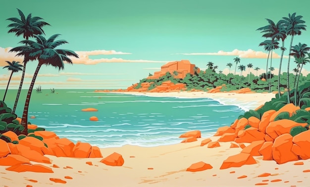 Plażowa scena z plażą i palmami.