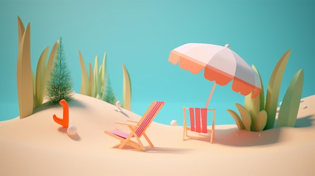 Zdjęcie plażowa scena z plażowym parasolem i krzesłem.