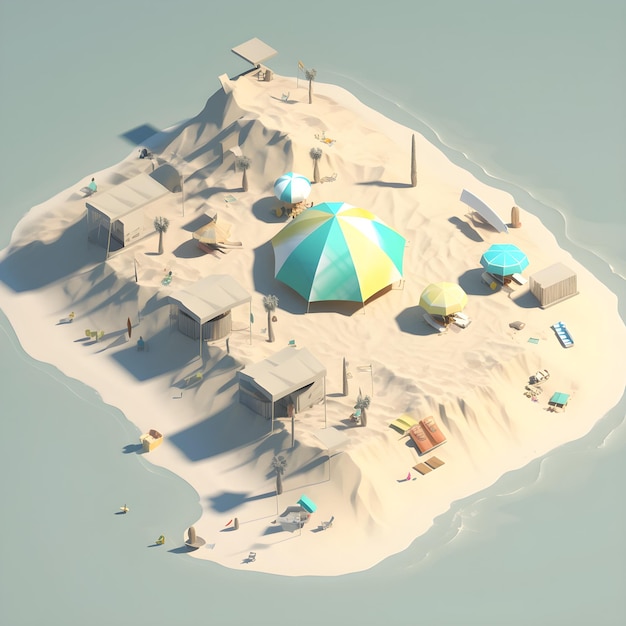 Plażowa scena z plażowym parasolem i małą wyspą.