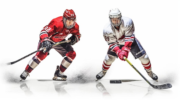 Płci męskiej graczy w hokeja na lodzie w kasku sholding Kije hokejowe na białym tle Generatywne ai