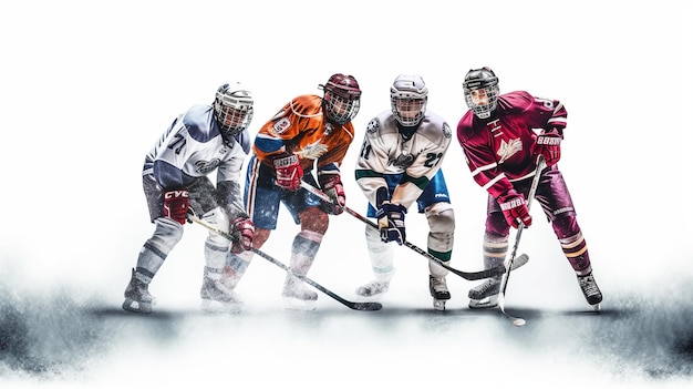 Płci męskiej graczy w hokeja na lodzie w kasku sholding Kije hokejowe na białym tle Generatywne ai
