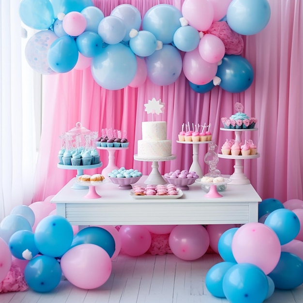 Płeć ujawnić impreza on lub ona kolory niebieski i różowy gratulacje świętować noworodka ciąża niespodzianki balony ciasto prezenty konfetti baner plakat kopia przestrzeń tło kartka z życzeniami