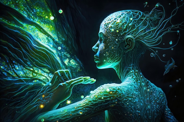Płeć żeńska Luminous obcy pod wodą Piękny obraz ilustracji Generative AI