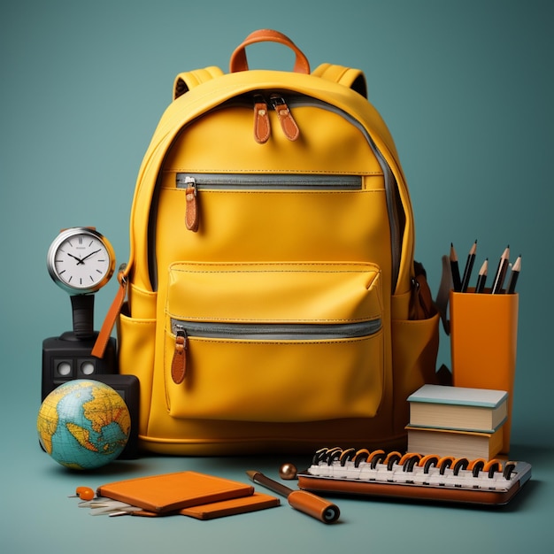 Plecak dla ucznia z notesami, długopisami i ołówkami na turkusowym tle w stylu ciemno-żółtym turkusowym