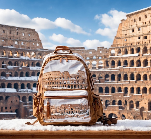Plecak podróżniczy i Koloseum zimą w Rzymie we Włoszech