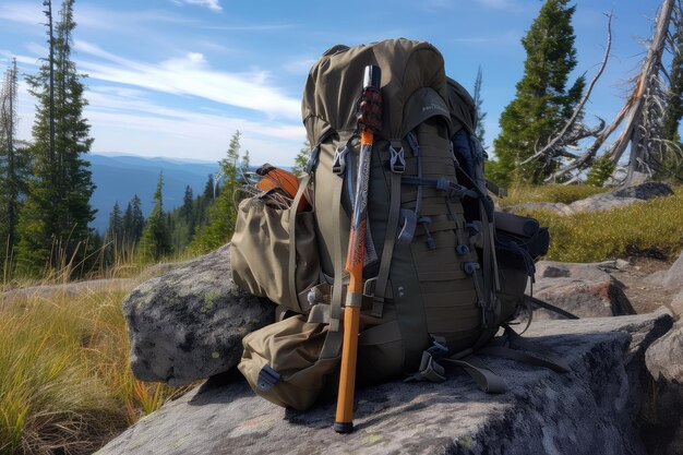 Plecak turystyczny z kijkami trekkingowymi i sprayem na niedźwiedzie na pierwszym planie