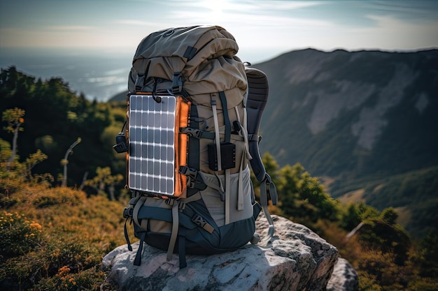 Plecak turystyczny z urządzeniami ładującymi panele słoneczne i innymi gadżetami stworzonymi za pomocą generatywnej sztucznej inteligencji