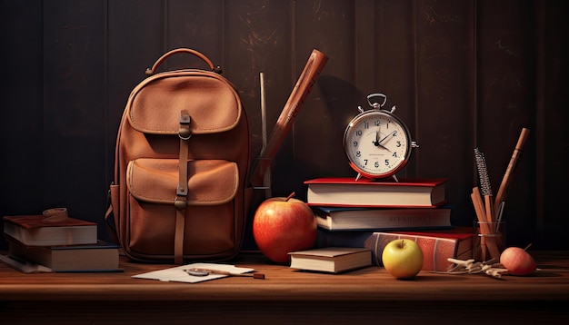 Plecak z książkami i przyborami szkolnymi na biurku