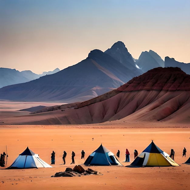 Plemię koczowników rozbija obóz na noc, a ich jaskrawo kolorowe namioty wyróżniają się na tle