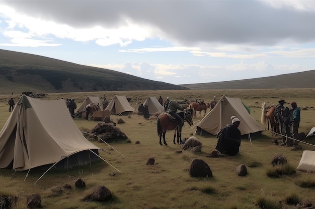 Plemię nomadów zakładające obóz z namiotami i dobytkiem stworzonym za pomocą generatywnej sztucznej inteligencji