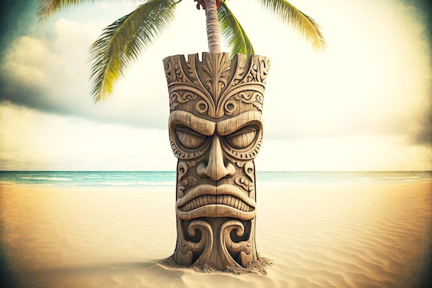 Plemienna hawajska maska tiki wykonana z drewna zadowoliła twarz na plaży