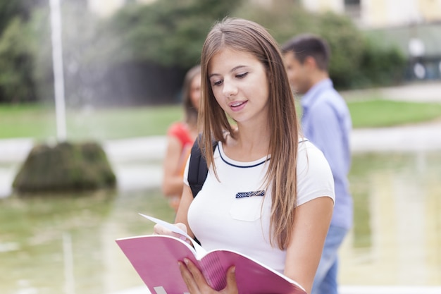 Plenerowy portret piękny uśmiechnięty uczeń. Koncepcja uniwersytetu, uczelni i edukacji