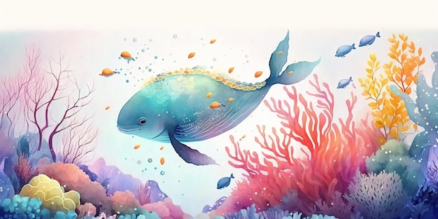 Płetwal błękitny pływający wśród żywych raf koralowych w akwarelowym stylu Utworzono za pomocą Generative AI