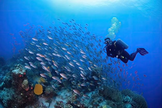 Płetwonurek otoczony ławicami ryb i rafą koralową stworzony za pomocą generatywnej sztucznej inteligencji
