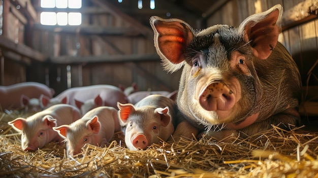Zdjęcie płodne świnie leżące na słomie i świnki karmiące się w stodołach