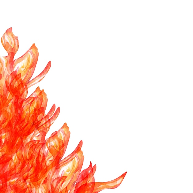 Zdjęcie płomień akwarela ilustracja czerwony żółty ogień ognisko pożar na zewnątrz ręcznie rysowane na białym tle malowane