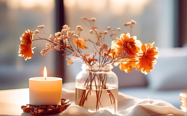 Zdjęcie płomień ze świecy świece w kieliszkach umieszczone na tkaninie suszone kwiaty wazon na stole w środku salonu przy oknie stwórz wygodną atmosferę ciepłe i przytulne zimne tło