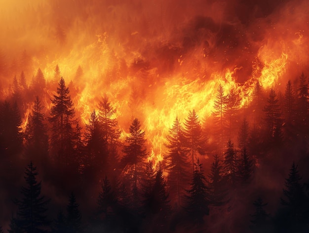 Płomienie na sosnach w lesie Pożar lasowy