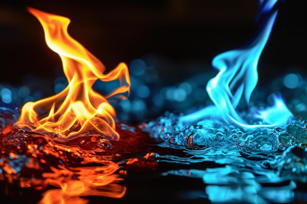 Zdjęcie płomienie ognia na czarnym tle z kropelami wody i falami