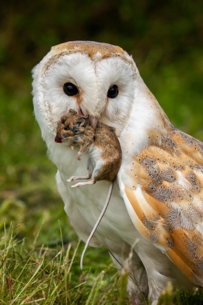 Płomykówka Tyto alba z myszą polną w North Yorkshire w Wielkiej Brytanii