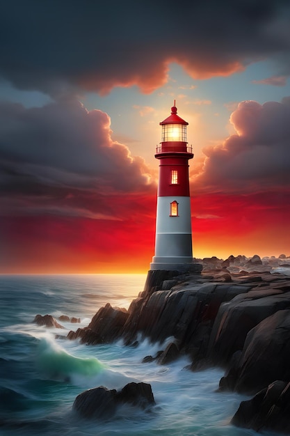 płonąca latarnia morska na skale w morzu na tle malowniczego zachodu słońca