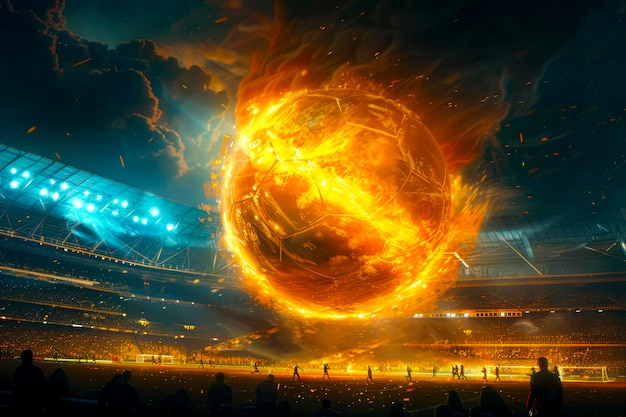 Płonąca piłka piłkarska latająca przez wypełniony nocny stadion