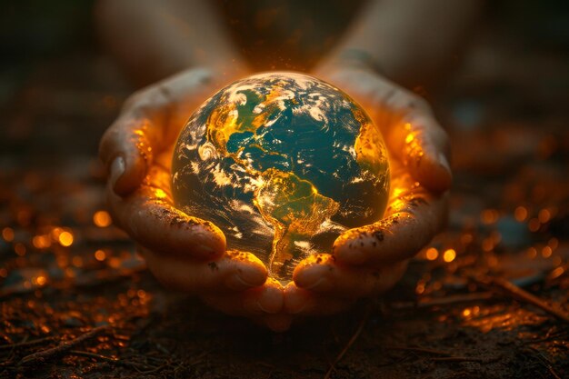 Zdjęcie płonąca planeta jest w twoich rękach w nocy uratuj ziemię koncepcja ochrony środowiska