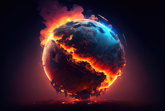 Płonąca ziemia z lawą na ciemnym tle Koncepcja globalnego ocieplenia i ochrony środowiska Generative AI