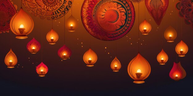 Płonące lampy olejowe z kolorowymi wzorami z karty festiwalu Diwali