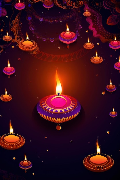 Płonące lampy olejowe z kolorowymi wzorami z karty festiwalu Diwali