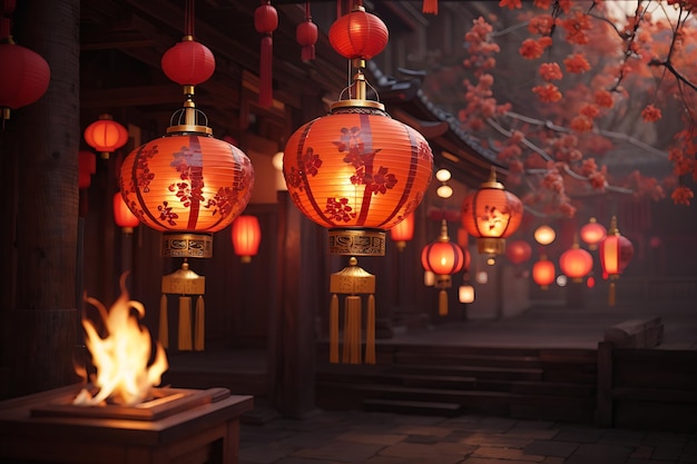 Płonące latarnie lub lampy chińska dekoracja noworoczna