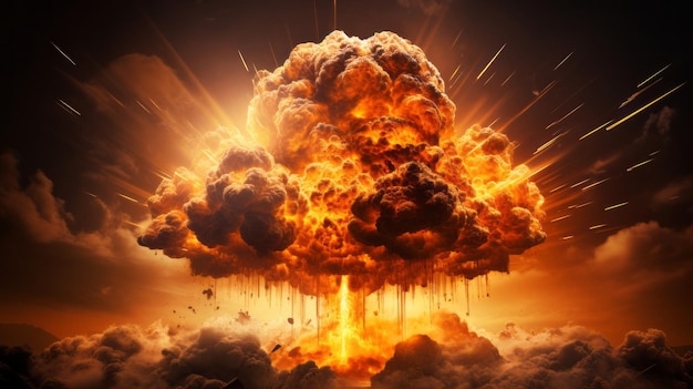 Płonące piekło realistyczna eksplozja bomby atomowej Ogniste odcienie pomarańczowe pochłonięte dymnym czarnym mrokiem